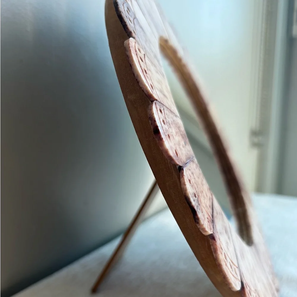 handcarved floral shaped mirror w/easel back natural organic petal